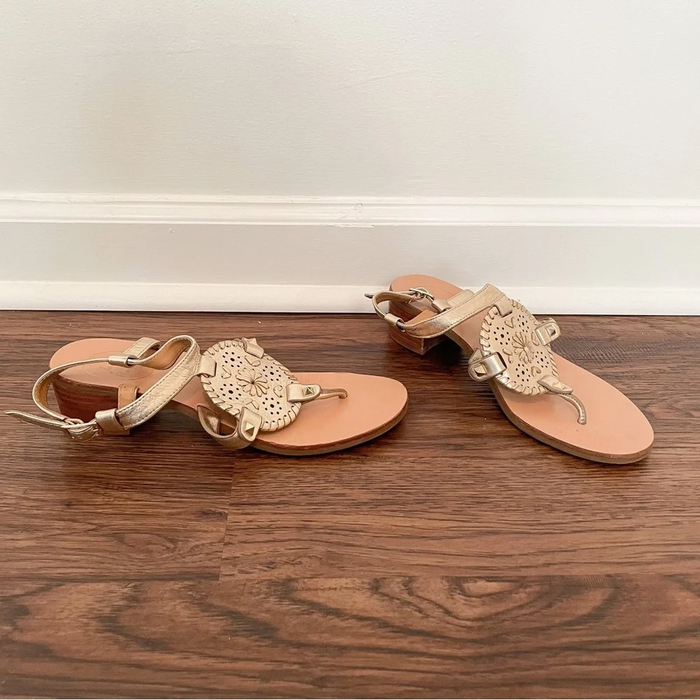 Jack Rogers Gretchen Block Heel Sandals Sz 7 Gold Leather